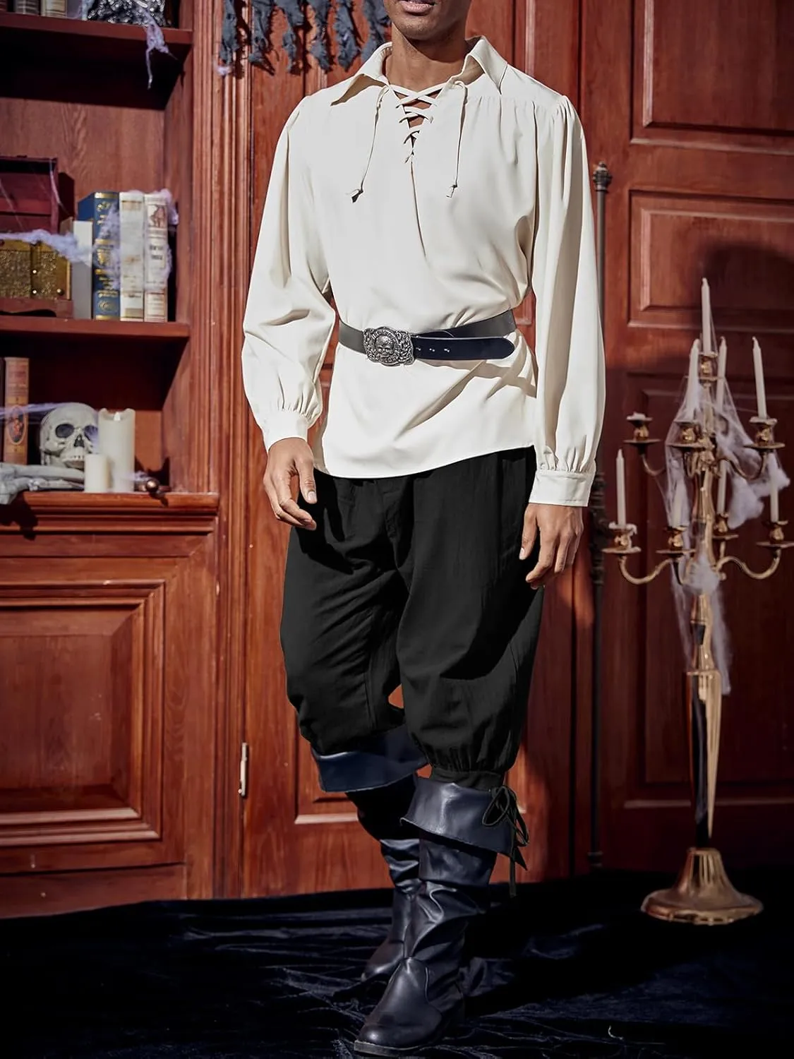 Runcati Mens Medieval Ankle Pants Renaissance Viking Pirate Lace Up Tapered Halloween Linen Costume Trousers