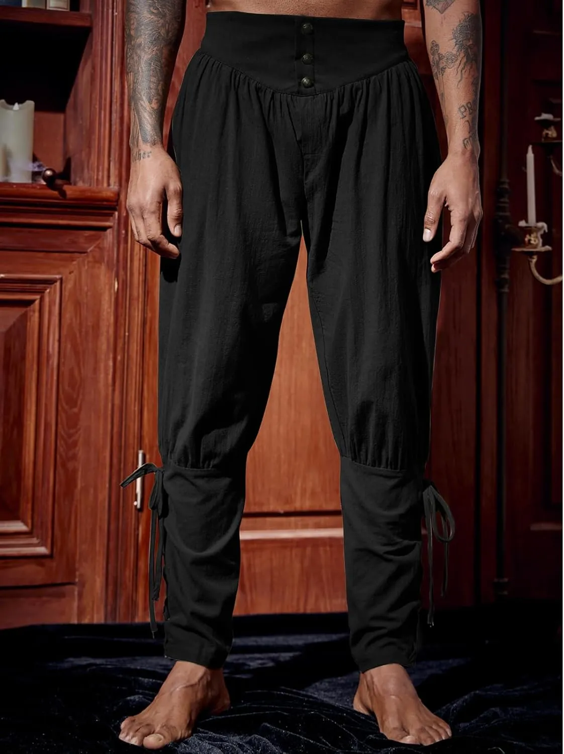 Runcati Mens Medieval Ankle Pants Renaissance Viking Pirate Lace Up Tapered Halloween Linen Costume Trousers
