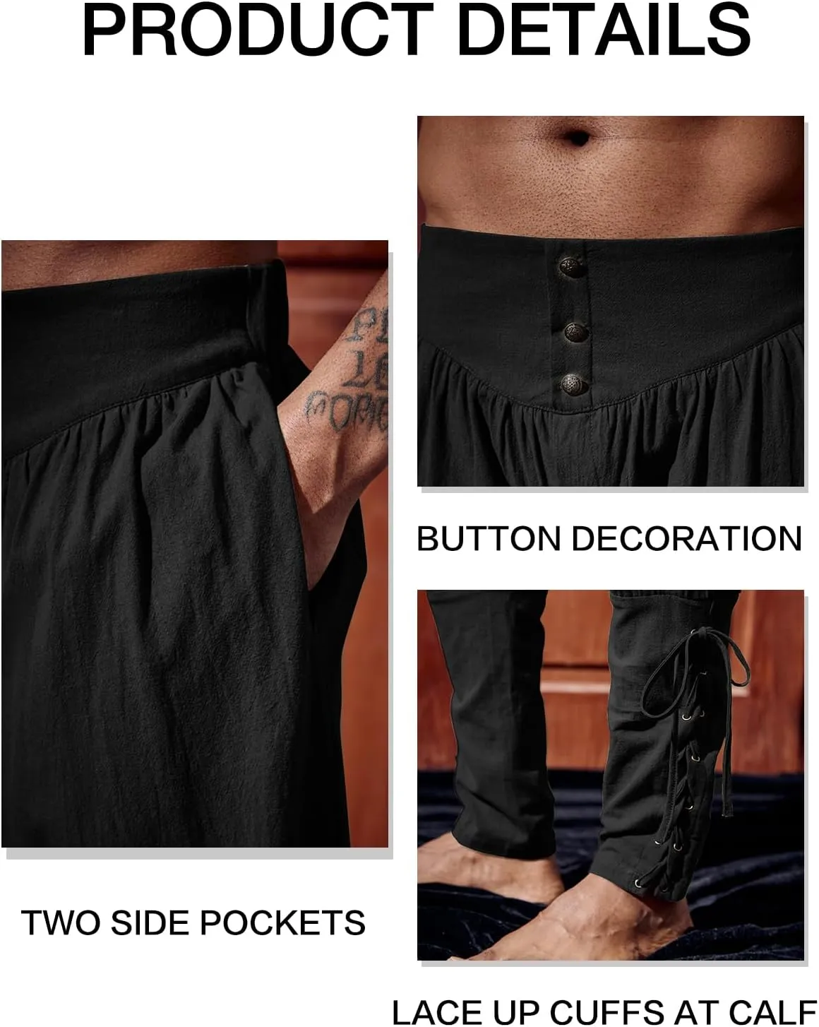 Runcati Mens Medieval Ankle Pants Renaissance Viking Pirate Lace Up Tapered Halloween Linen Costume Trousers