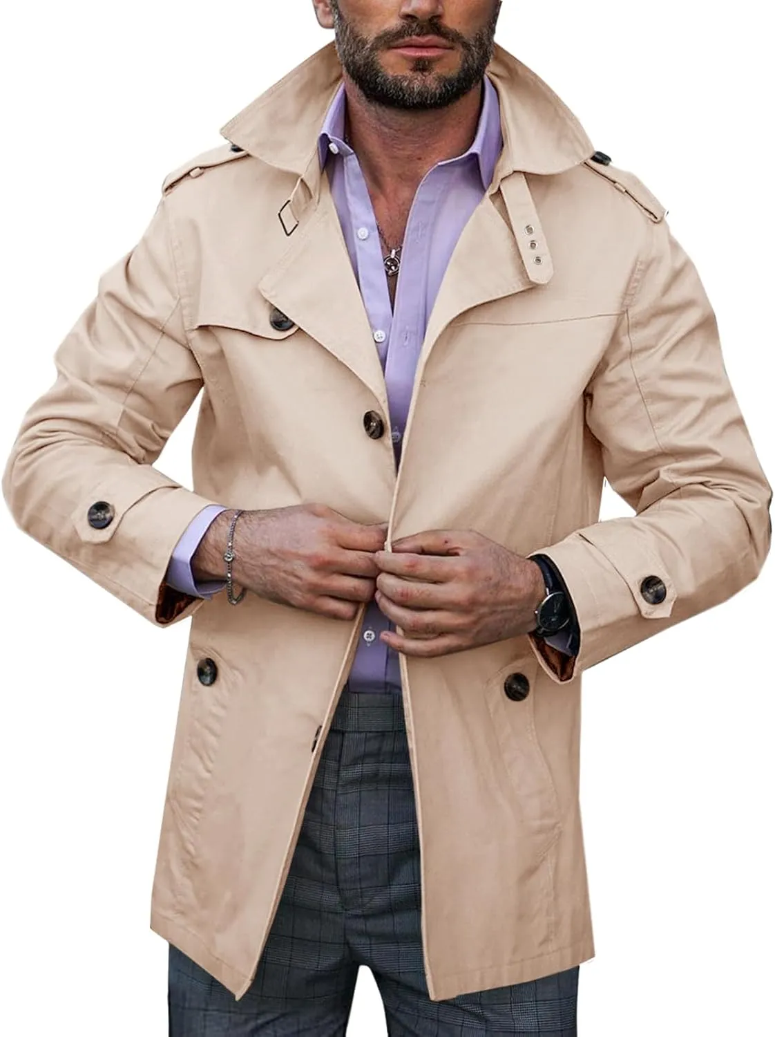 Runcati Mens Trench Coat Single Breasted Mid Length Slim Fit Notch Lapel Windbreaker Jackets