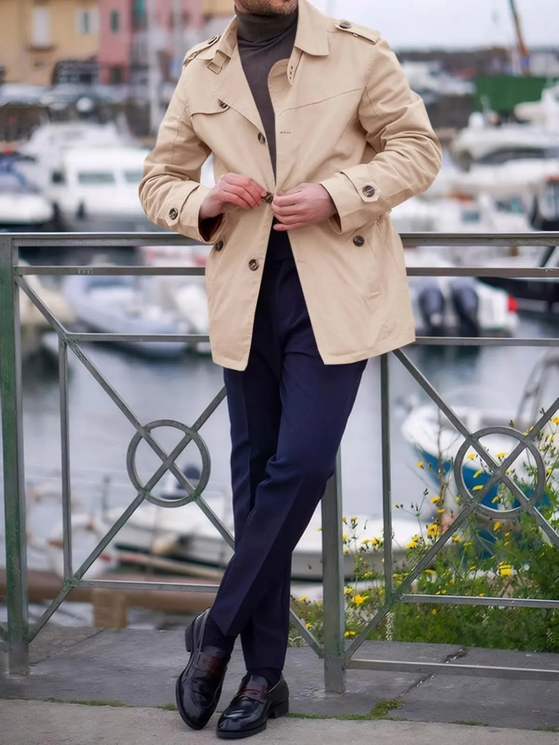 Runcati Mens Trench Coat Single Breasted Mid Length Slim Fit Notch Lapel Windbreaker Jackets