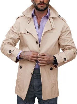 Runcati Mens Trench Coat Single Breasted Mid Length Slim Fit Notch Lapel Windbreaker Jackets