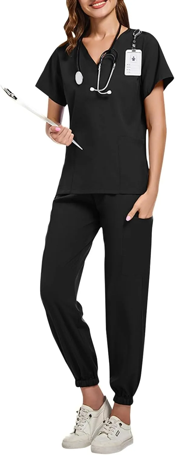 Scrub Sets for Woman Solid Color V-Neck Short Sleeve Scrub Top & Jogger Pants Multi-Pocket Nursing Uniforms Set