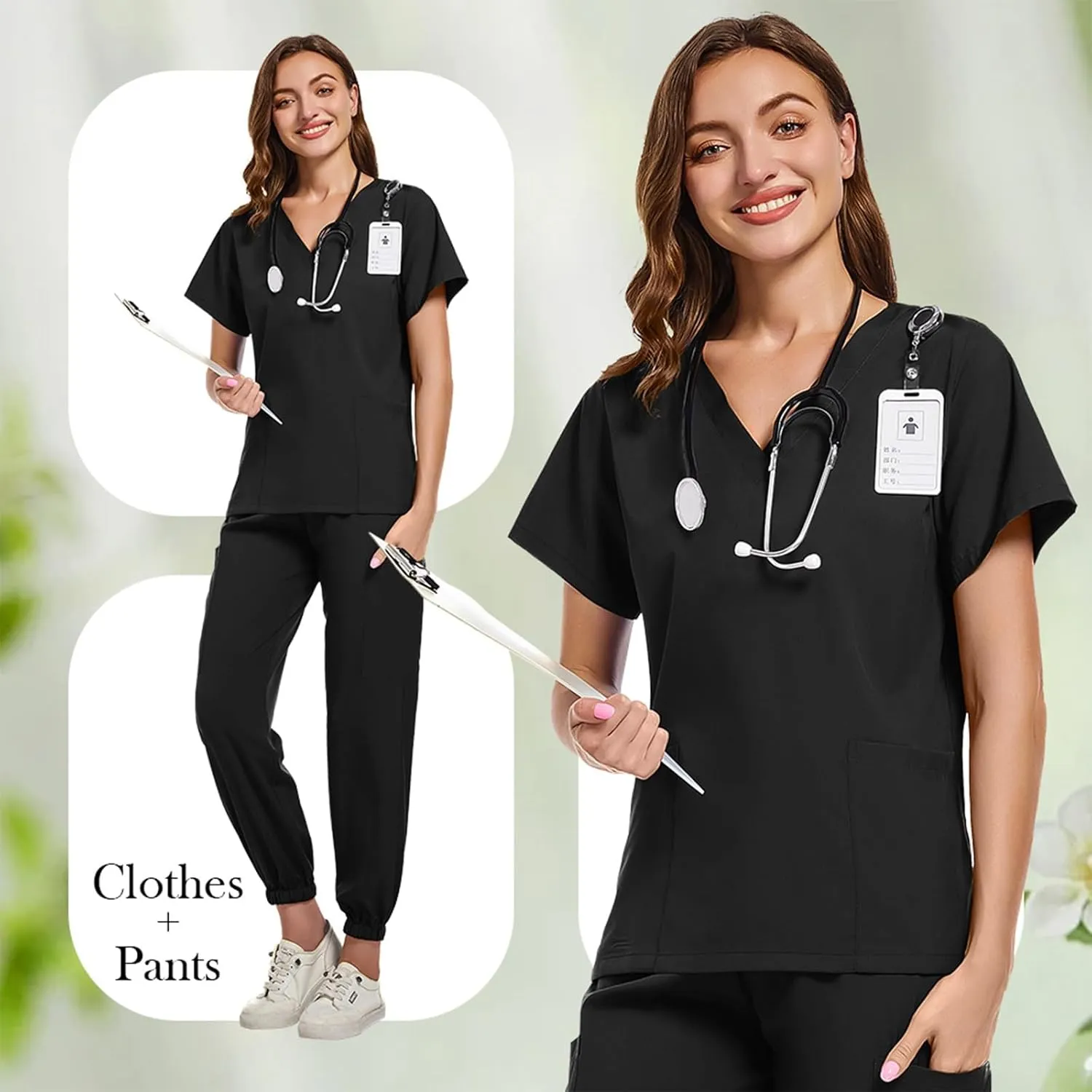Scrub Sets for Woman Solid Color V-Neck Short Sleeve Scrub Top & Jogger Pants Multi-Pocket Nursing Uniforms Set