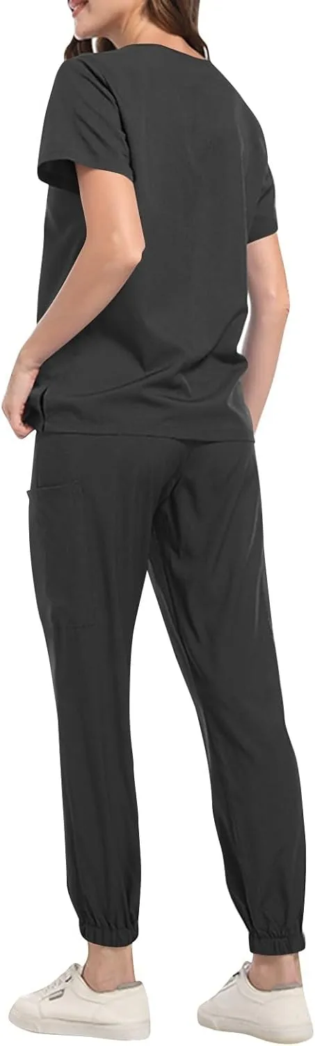 Scrub Sets for Woman Solid Color V-Neck Short Sleeve Scrub Top & Jogger Pants Multi-Pocket Nursing Uniforms Set
