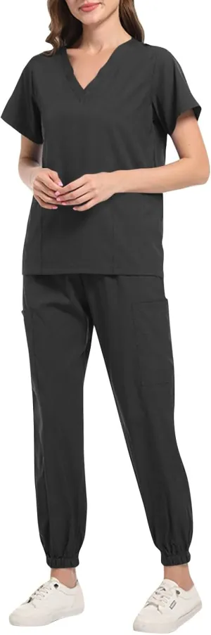 Scrub Sets for Woman Solid Color V-Neck Short Sleeve Scrub Top & Jogger Pants Multi-Pocket Nursing Uniforms Set