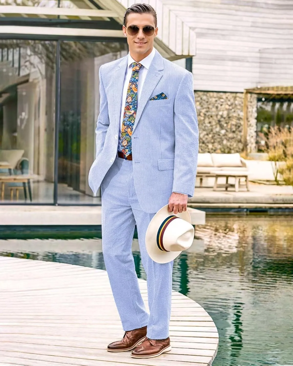 Seersucker Mens Suit 2 Piece Slim Fit Stripe Suits Tuxedo Blazer Jackets Pants Set Summer Beach Wedding Outfit for Men