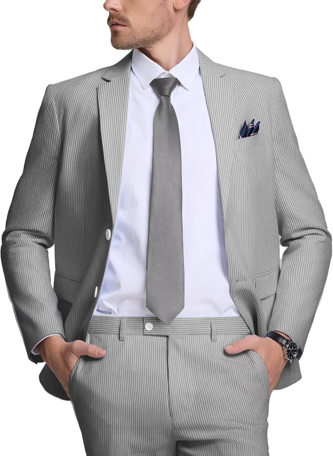 Seersucker Mens Suit 2 Piece Slim Fit Stripe Suits Tuxedo Blazer Jackets Pants Set Summer Beach Wedding Outfit for Men