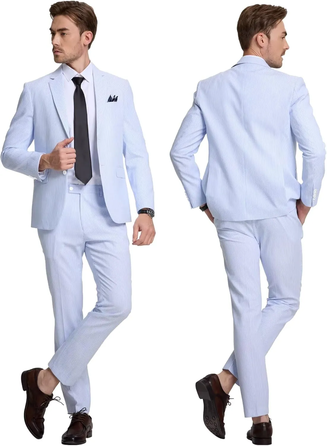 Seersucker Mens Suit 2 Piece Slim Fit Stripe Suits Tuxedo Blazer Jackets Pants Set Summer Beach Wedding Outfit for Men