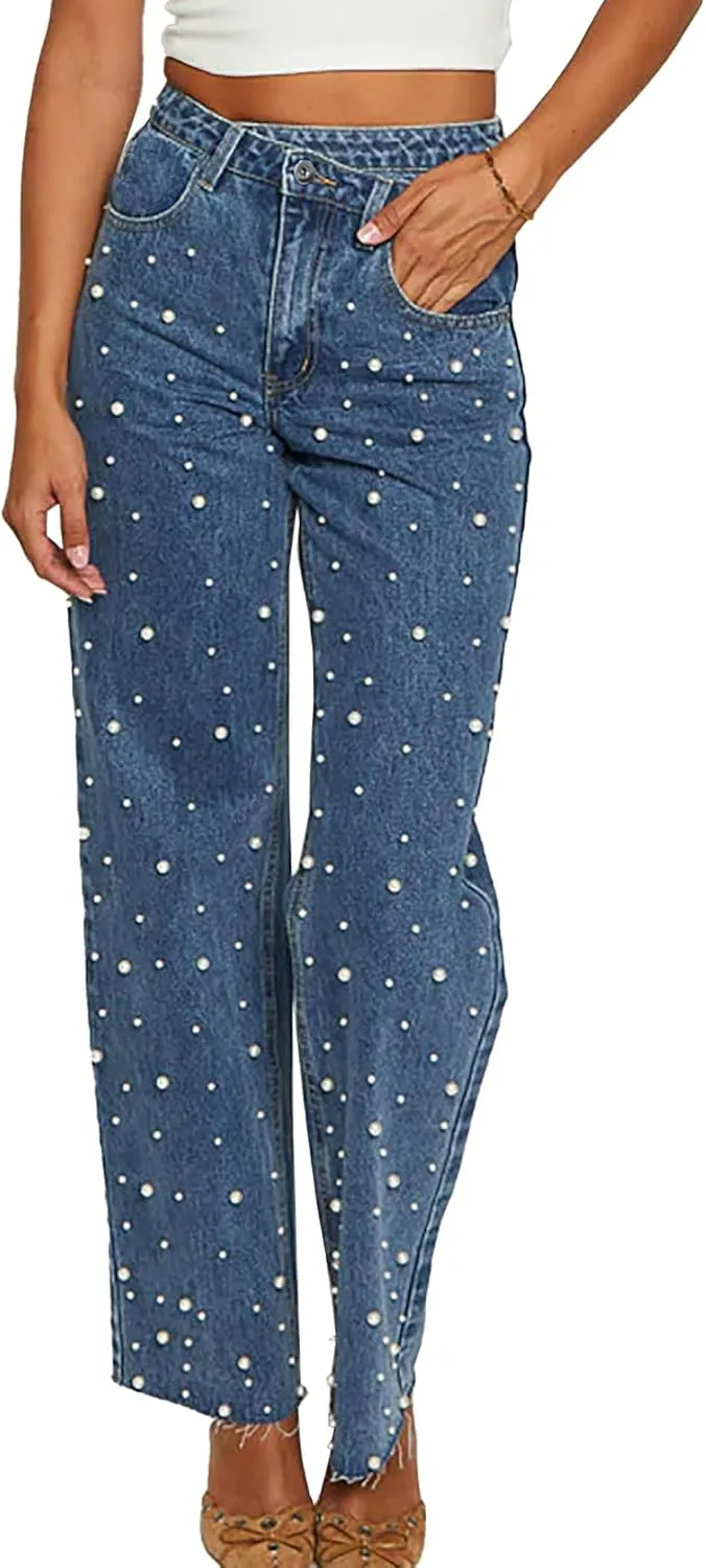 Sexyshine Women's High Waisted Pearl Jeans Beaded Baggy Straight Wide Leg Raw Edge Stretchy Denim Pants