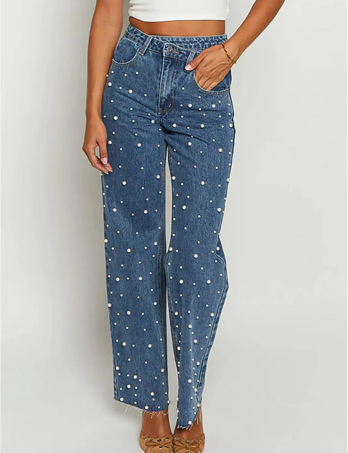 Sexyshine Women's High Waisted Pearl Jeans Beaded Baggy Straight Wide Leg Raw Edge Stretchy Denim Pants