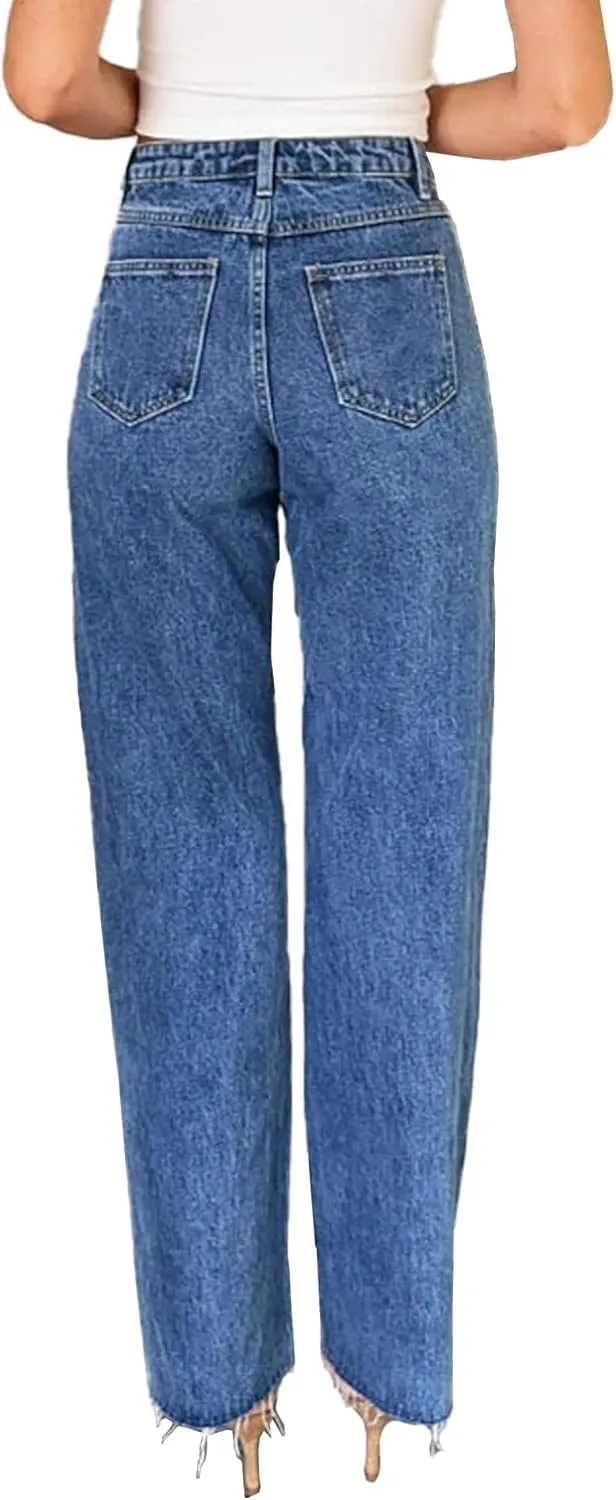 Sexyshine Women's High Waisted Pearl Jeans Beaded Baggy Straight Wide Leg Raw Edge Stretchy Denim Pants