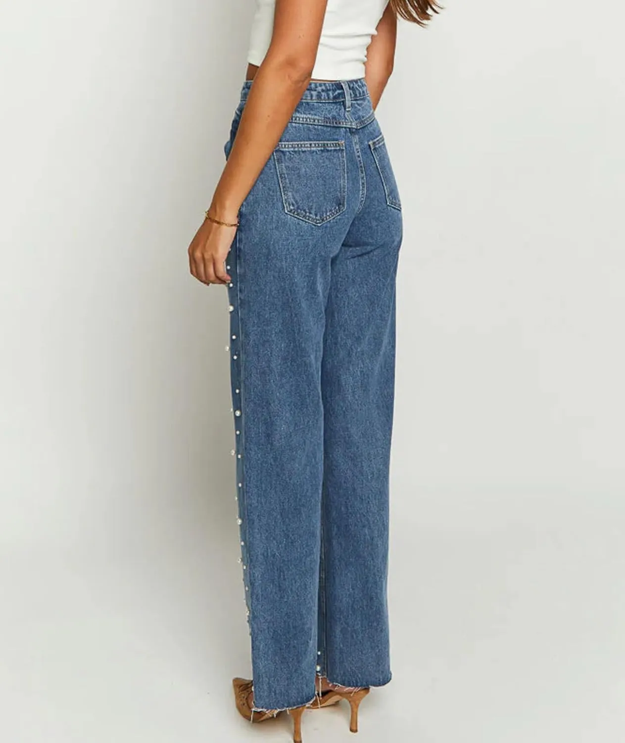 Sexyshine Women's High Waisted Pearl Jeans Beaded Baggy Straight Wide Leg Raw Edge Stretchy Denim Pants