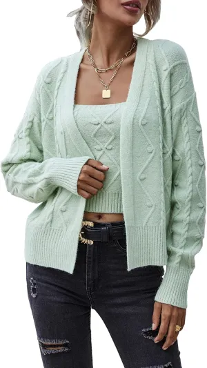 Sexyshine Women's Two Piece Outfits Cable Knitted Spaghetti Strap Crop Tank Top and Long Sleeve Cardigan Chic Sweaters Sets