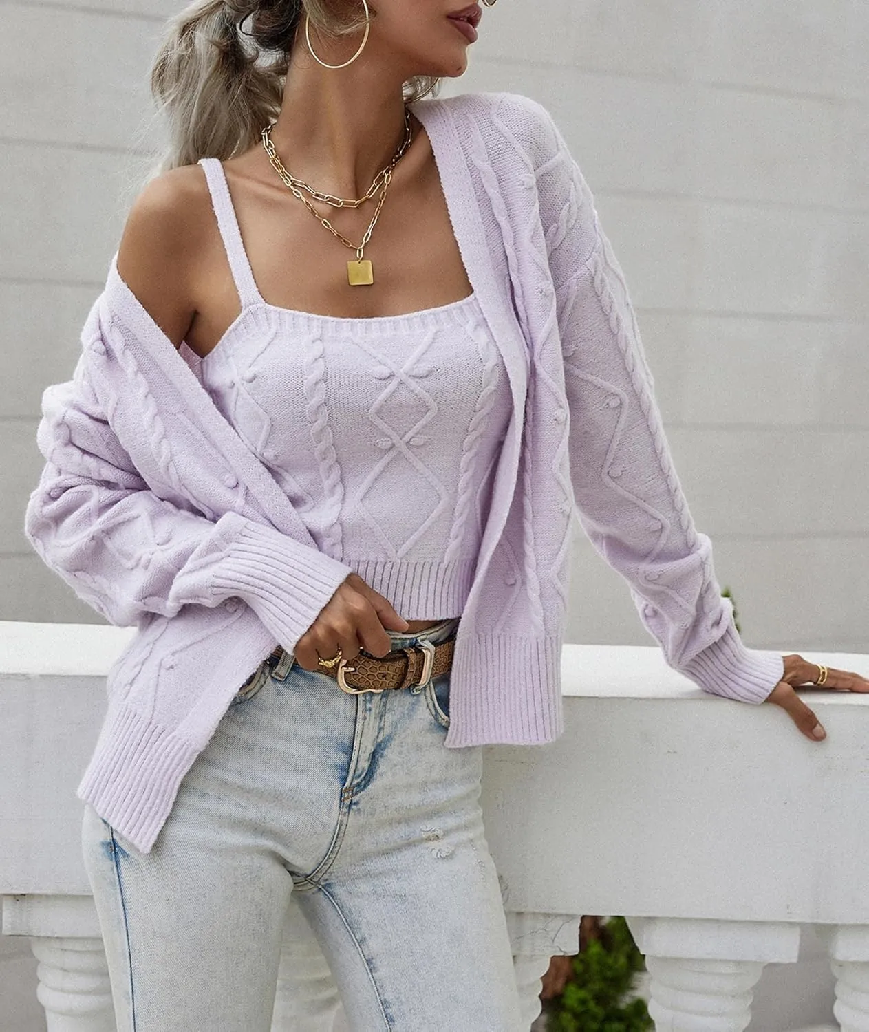 Sexyshine Women's Two Piece Outfits Cable Knitted Spaghetti Strap Crop Tank Top and Long Sleeve Cardigan Chic Sweaters Sets