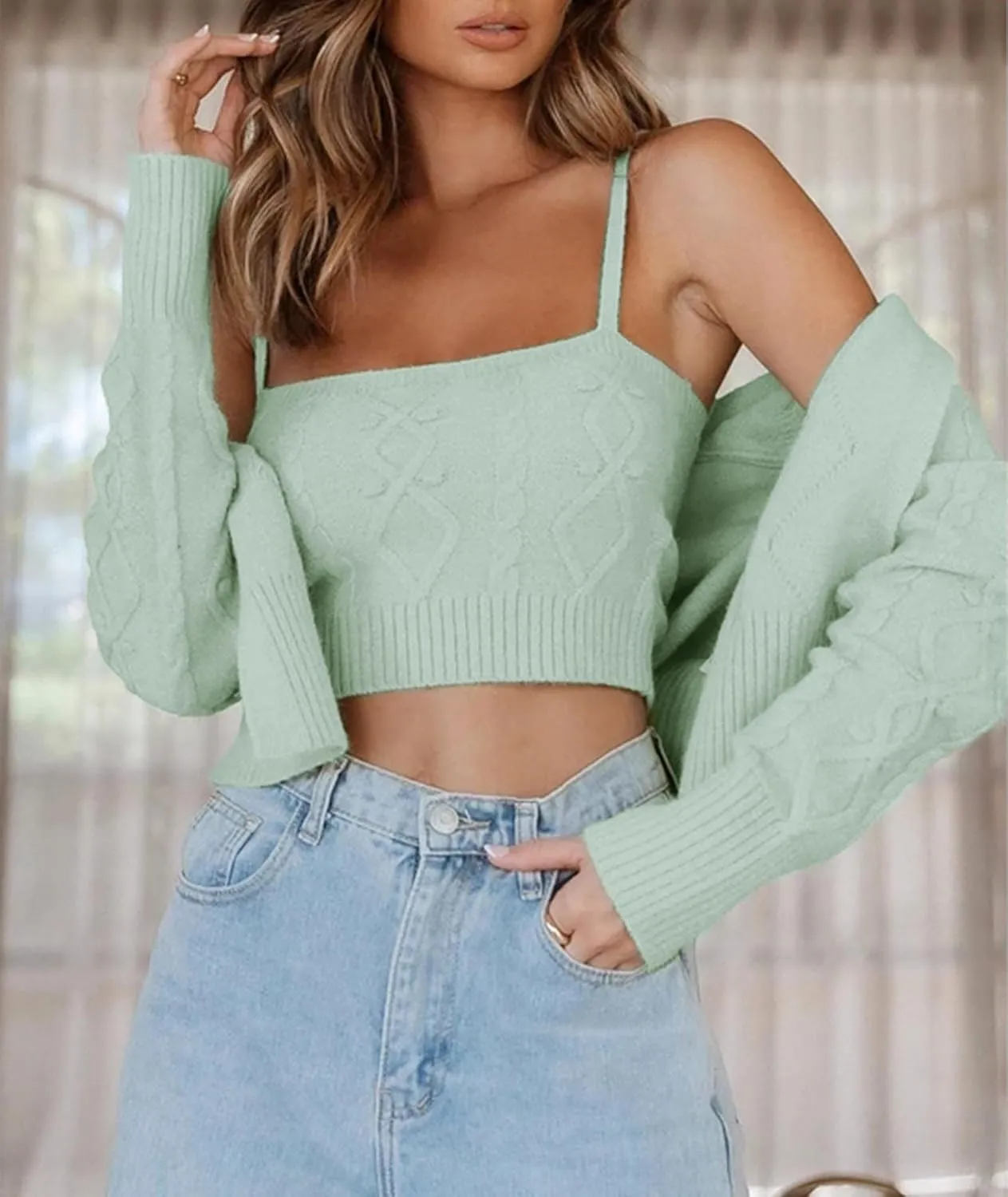 Sexyshine Women's Two Piece Outfits Cable Knitted Spaghetti Strap Crop Tank Top and Long Sleeve Cardigan Chic Sweaters Sets