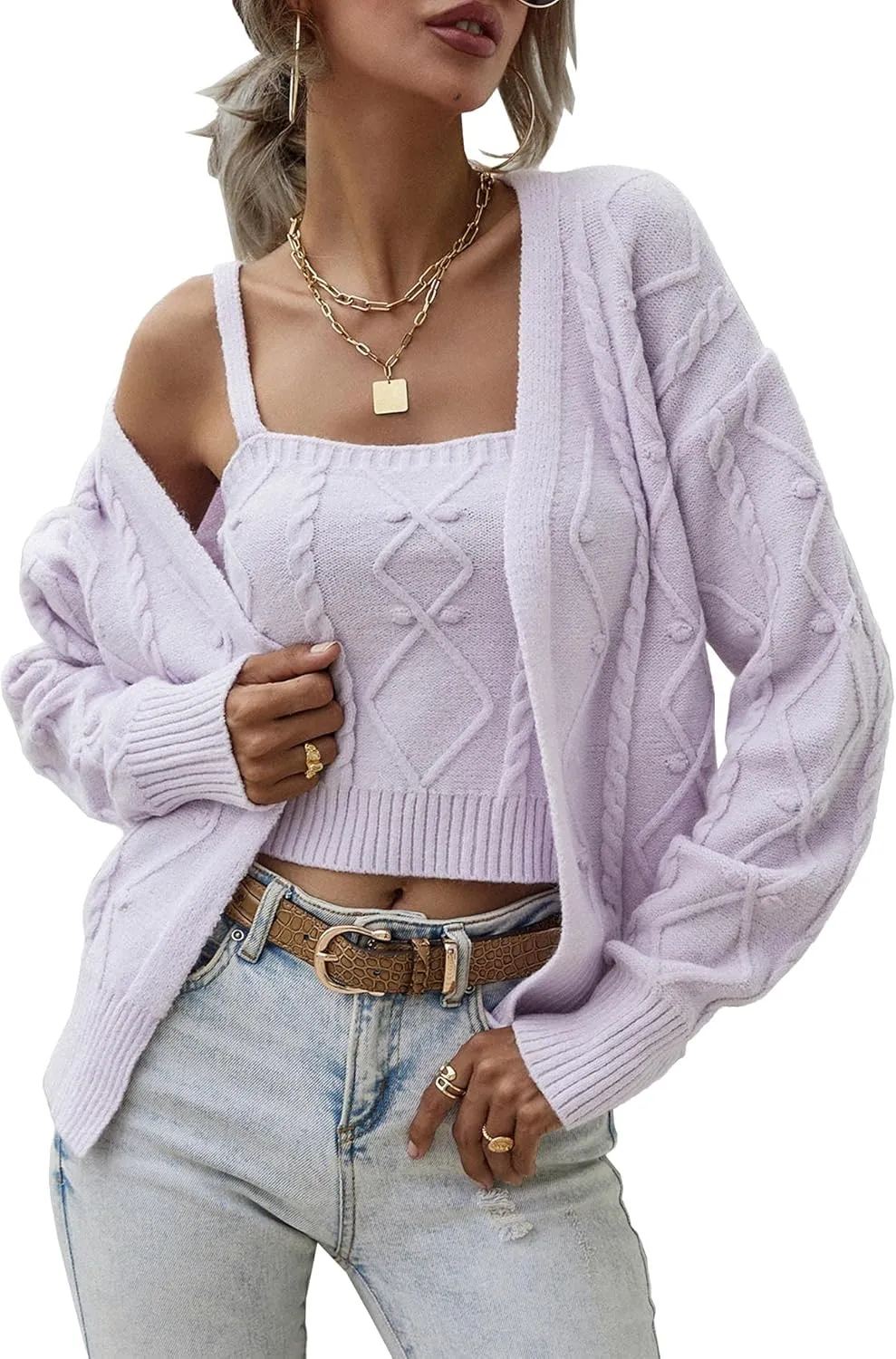 Sexyshine Women's Two Piece Outfits Cable Knitted Spaghetti Strap Crop Tank Top and Long Sleeve Cardigan Chic Sweaters Sets