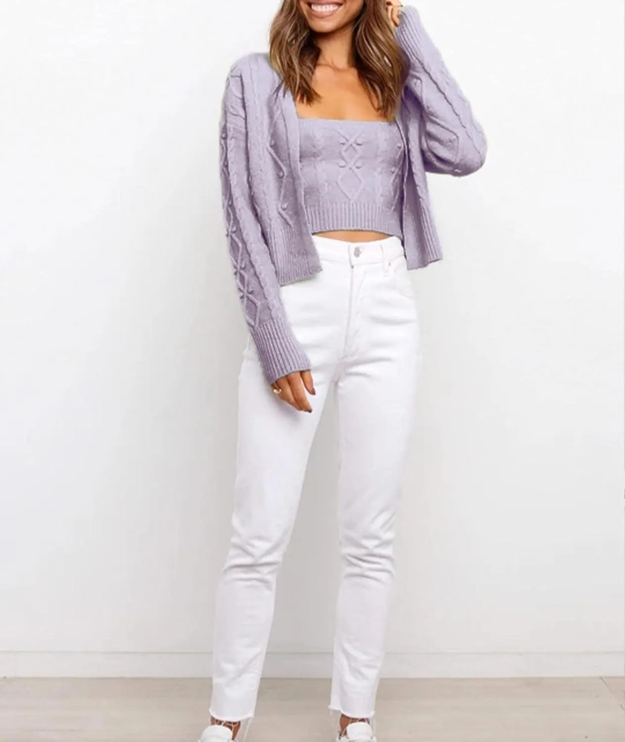 Sexyshine Women's Two Piece Outfits Cable Knitted Spaghetti Strap Crop Tank Top and Long Sleeve Cardigan Chic Sweaters Sets