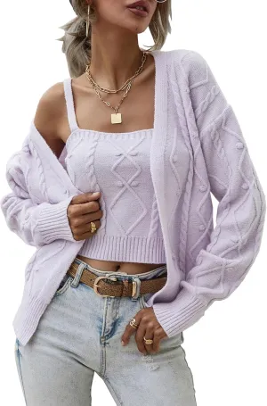 Sexyshine Women's Two Piece Outfits Cable Knitted Spaghetti Strap Crop Tank Top and Long Sleeve Cardigan Chic Sweaters Sets
