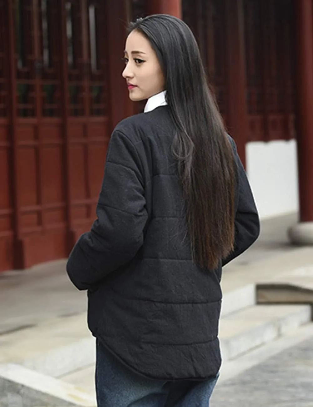 She likes Women's Cotton Padded Tang Suit Coat Button Down Long Sleeve Casual Jacket Coats Lightweight Outwear