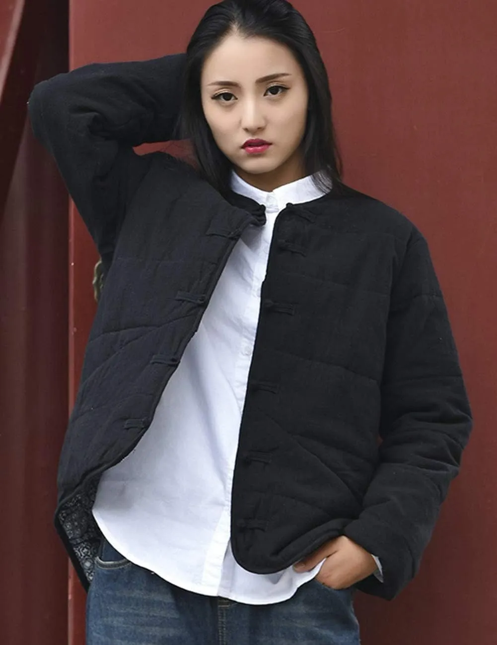 She likes Women's Cotton Padded Tang Suit Coat Button Down Long Sleeve Casual Jacket Coats Lightweight Outwear
