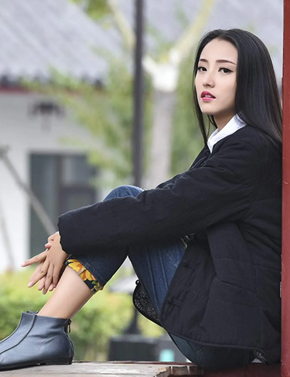 She likes Women's Cotton Padded Tang Suit Coat Button Down Long Sleeve Casual Jacket Coats Lightweight Outwear
