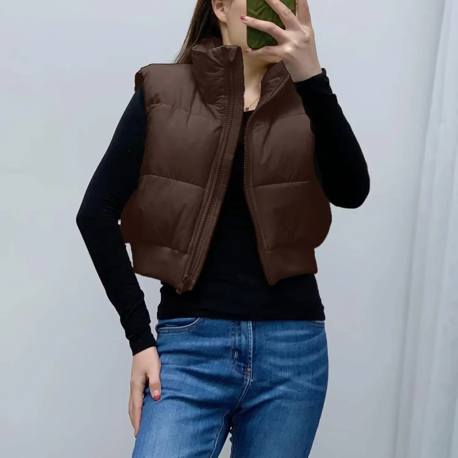 Shiyifa Women's Fashion High Neck Zipper Cropped Puffer Vest Jacket Coat