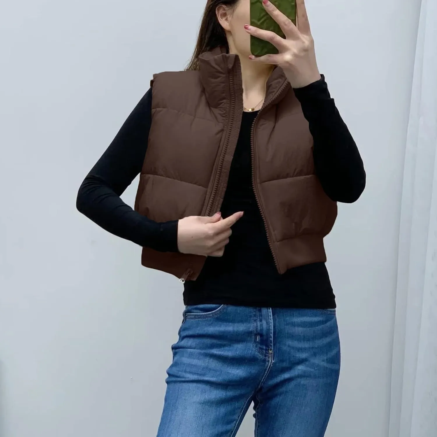 Shiyifa Women's Fashion High Neck Zipper Cropped Puffer Vest Jacket Coat