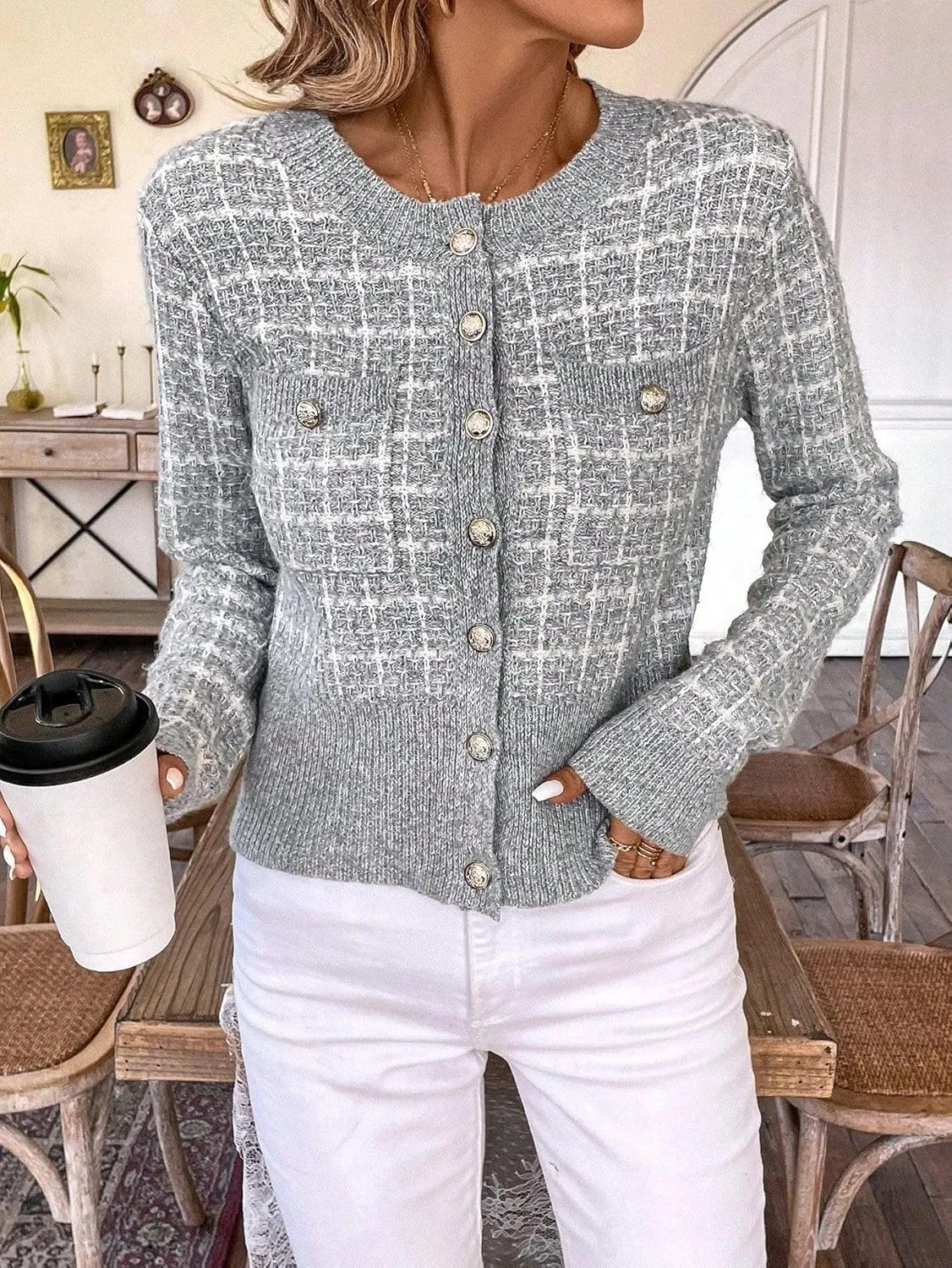 SKAYS Women's Autumn Jackets,Tweed Cardigan,Womens Cardigans Dressy Casual Flap Detail Button Front Cardigan
