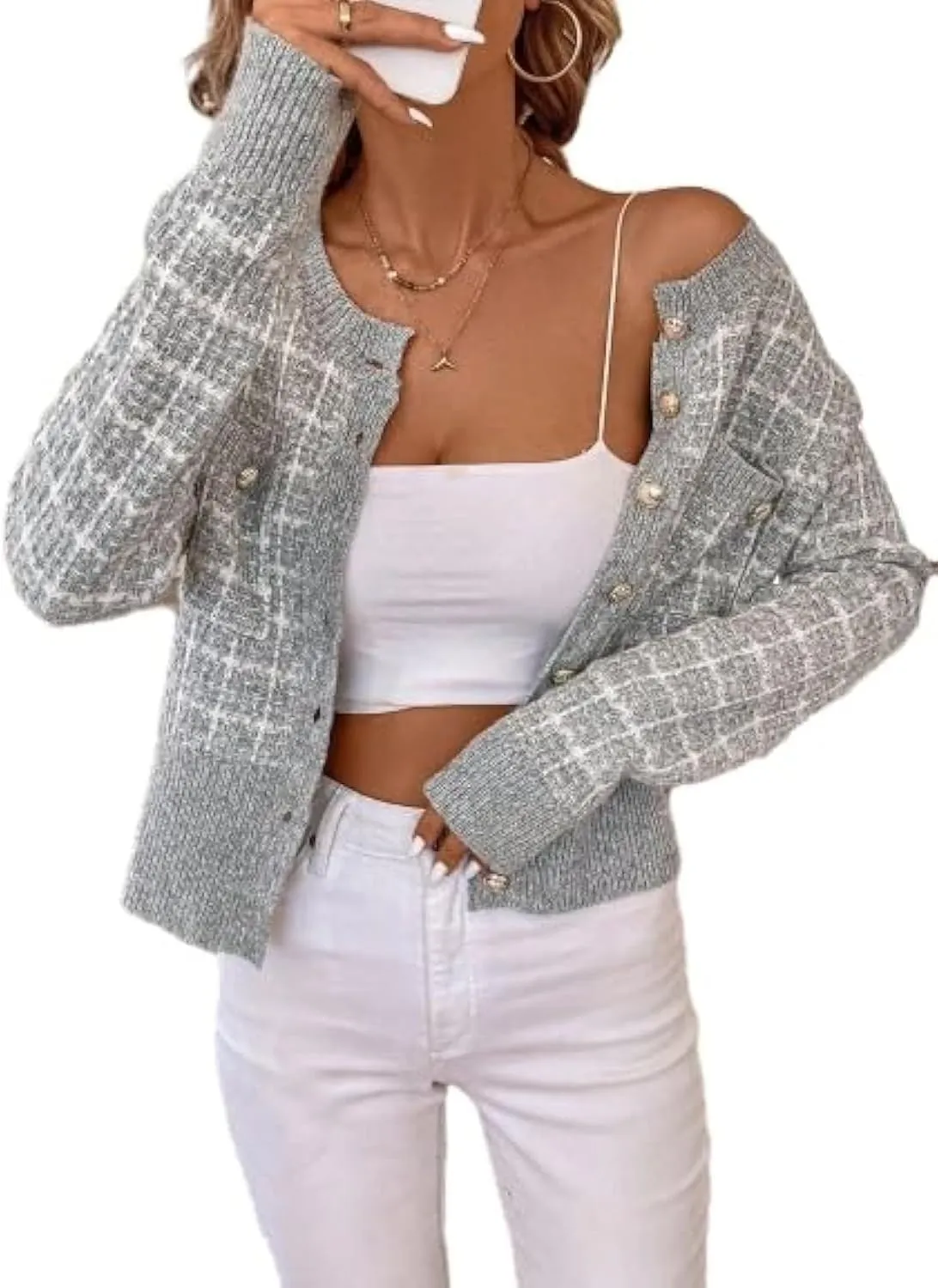 SKAYS Women's Autumn Jackets,Tweed Cardigan,Womens Cardigans Dressy Casual Flap Detail Button Front Cardigan