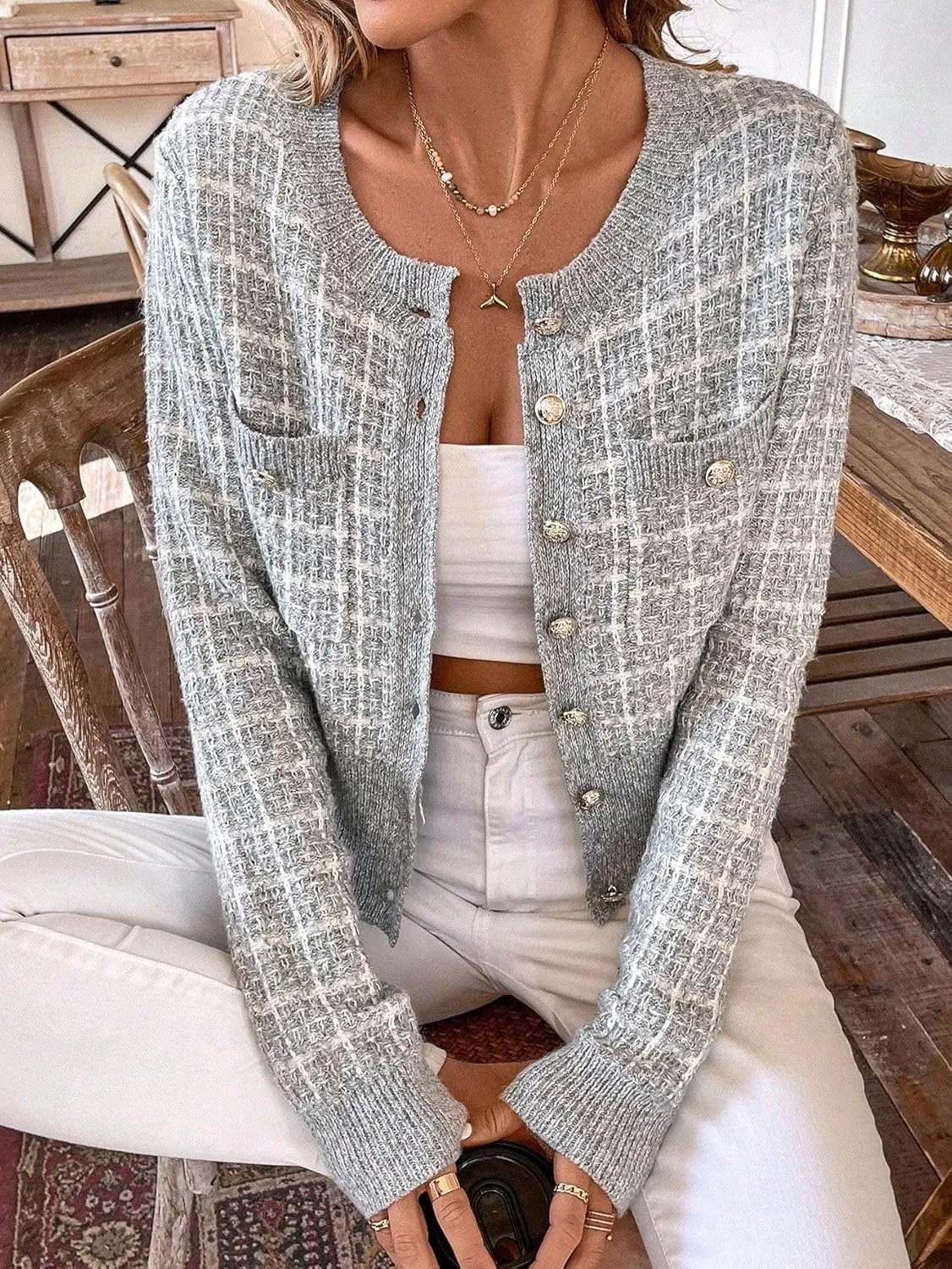 SKAYS Women's Autumn Jackets,Tweed Cardigan,Womens Cardigans Dressy Casual Flap Detail Button Front Cardigan