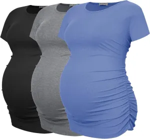 Smallshow Women's Maternity Shirts Ribbed Ruched Pregnancy Clothes Tops 3 Packs