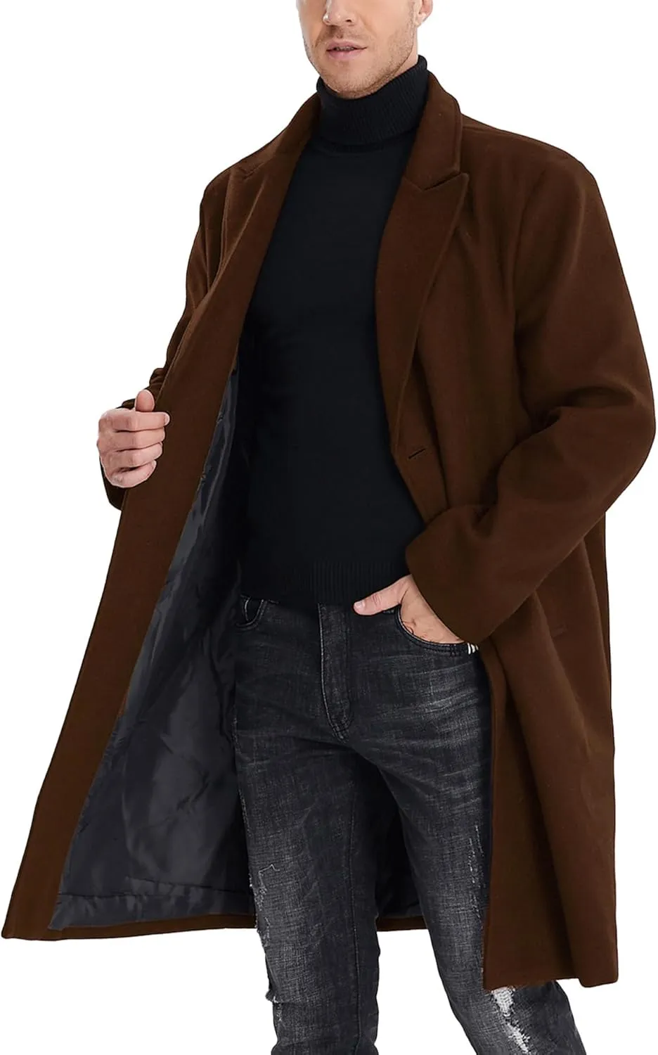 SOMTHRON Men's Casual Trench Coat Mid Long Single Breasted Slim Fit Peacoat Notched Lapel Winter Business Overcoat