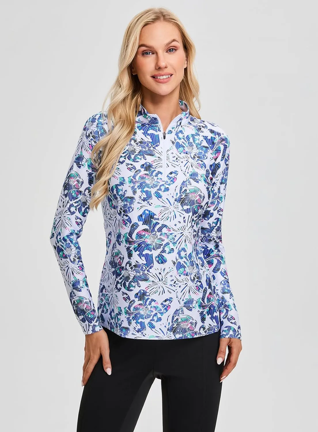 Soneven Women's Quarter Zip Polo Collared Golf Shirt Moisture Wicking Shirts Slim Fit for Casual Work