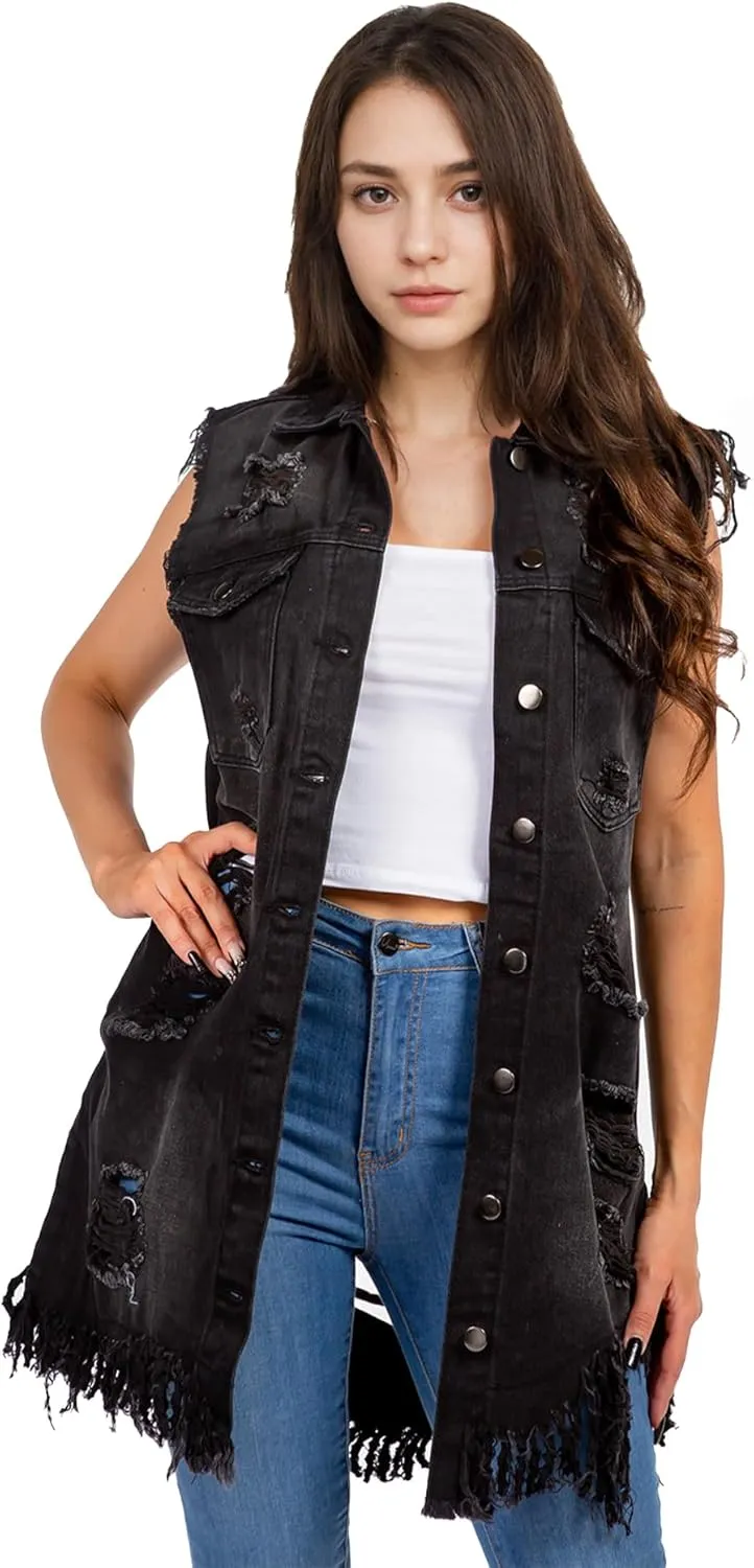 Songling Women's Distressed Ripped Sleeveless Mid Long Denim Jacket Jean Vest Cardigan Coats