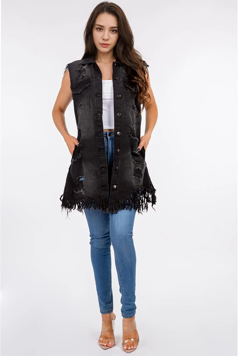 Songling Women's Distressed Ripped Sleeveless Mid Long Denim Jacket Jean Vest Cardigan Coats