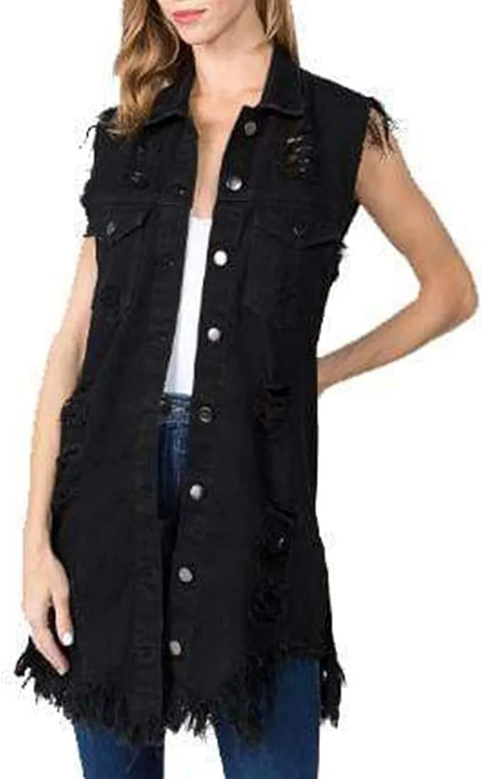 Songling Women's Distressed Ripped Sleeveless Mid Long Denim Jacket Jean Vest Cardigan Coats