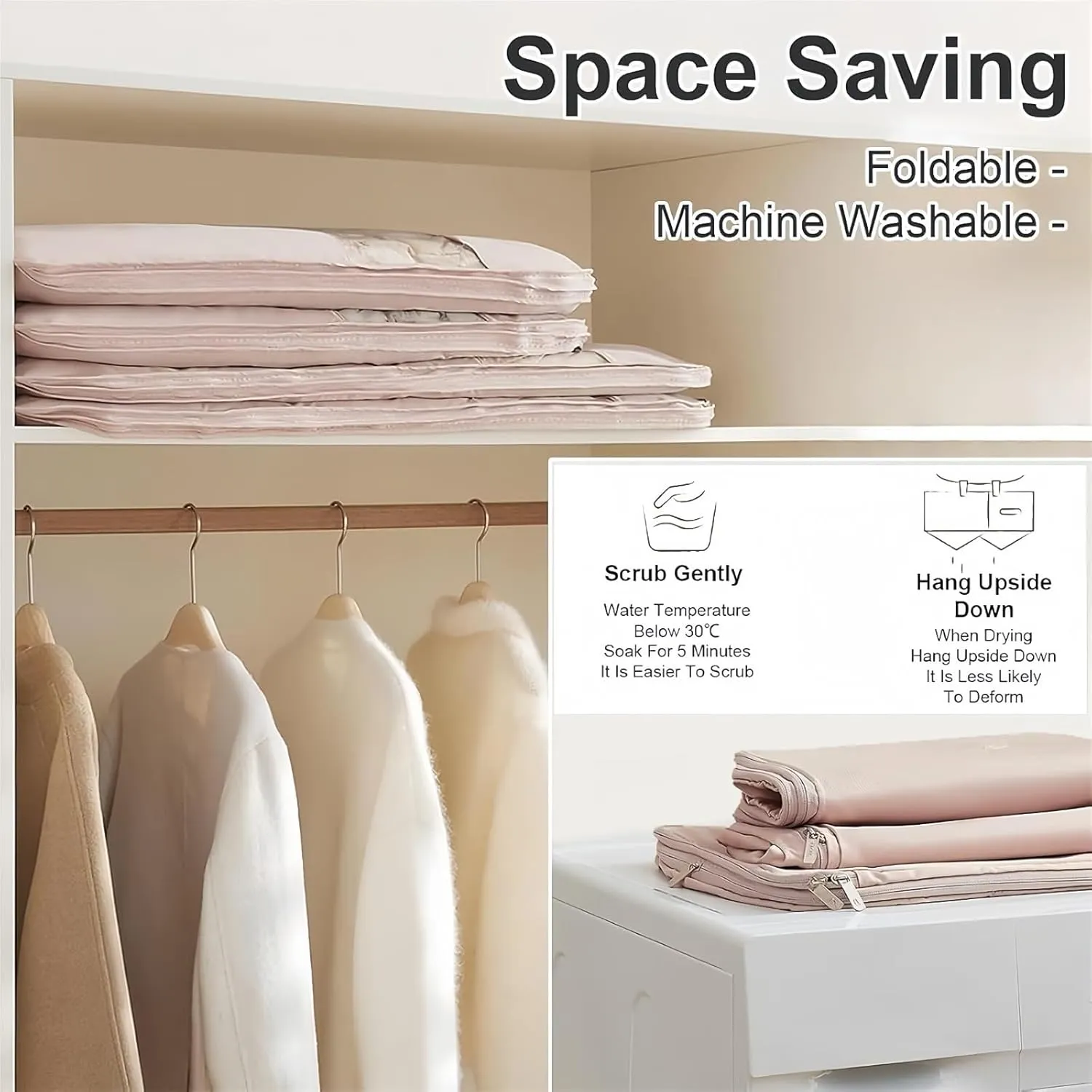Space Saving Hanging Garment Bag with Self Compression Zipper, 2025 Closet Organizer, Dust Cover Clothes Bag for Down Coat, Heavy Duty Storage Solution, Space Saver for Wardrobe(White,Large)