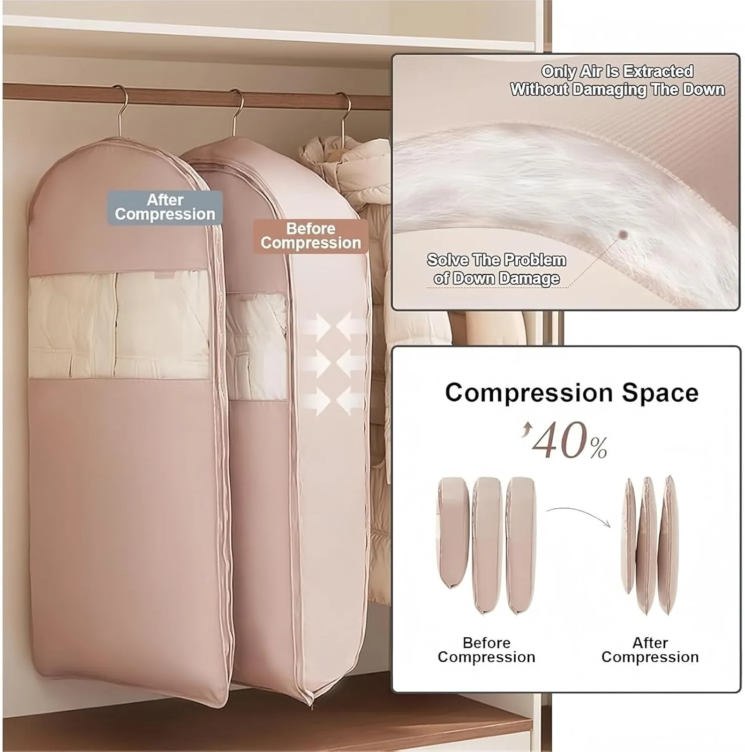 Space Saving Hanging Garment Bag with Self Compression Zipper, 2025 Closet Organizer, Dust Cover Clothes Bag for Down Coat, Heavy Duty Storage Solution, Space Saver for Wardrobe(White,Large)
