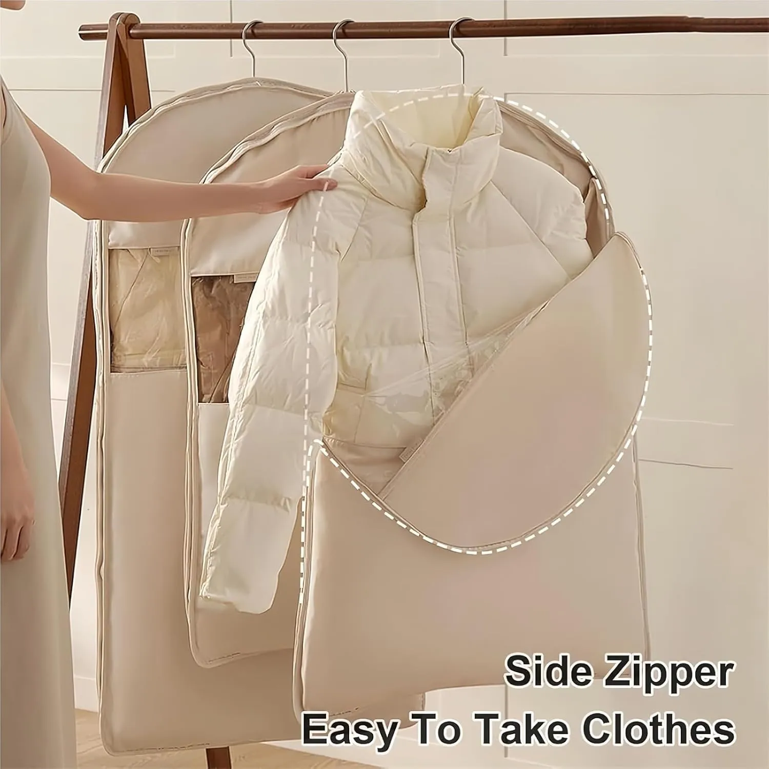 Space Saving Hanging Garment Bag with Self Compression Zipper, 2025 Closet Organizer, Dust Cover Clothes Bag for Down Coat, Heavy Duty Storage Solution, Space Saver for Wardrobe(White,Large)