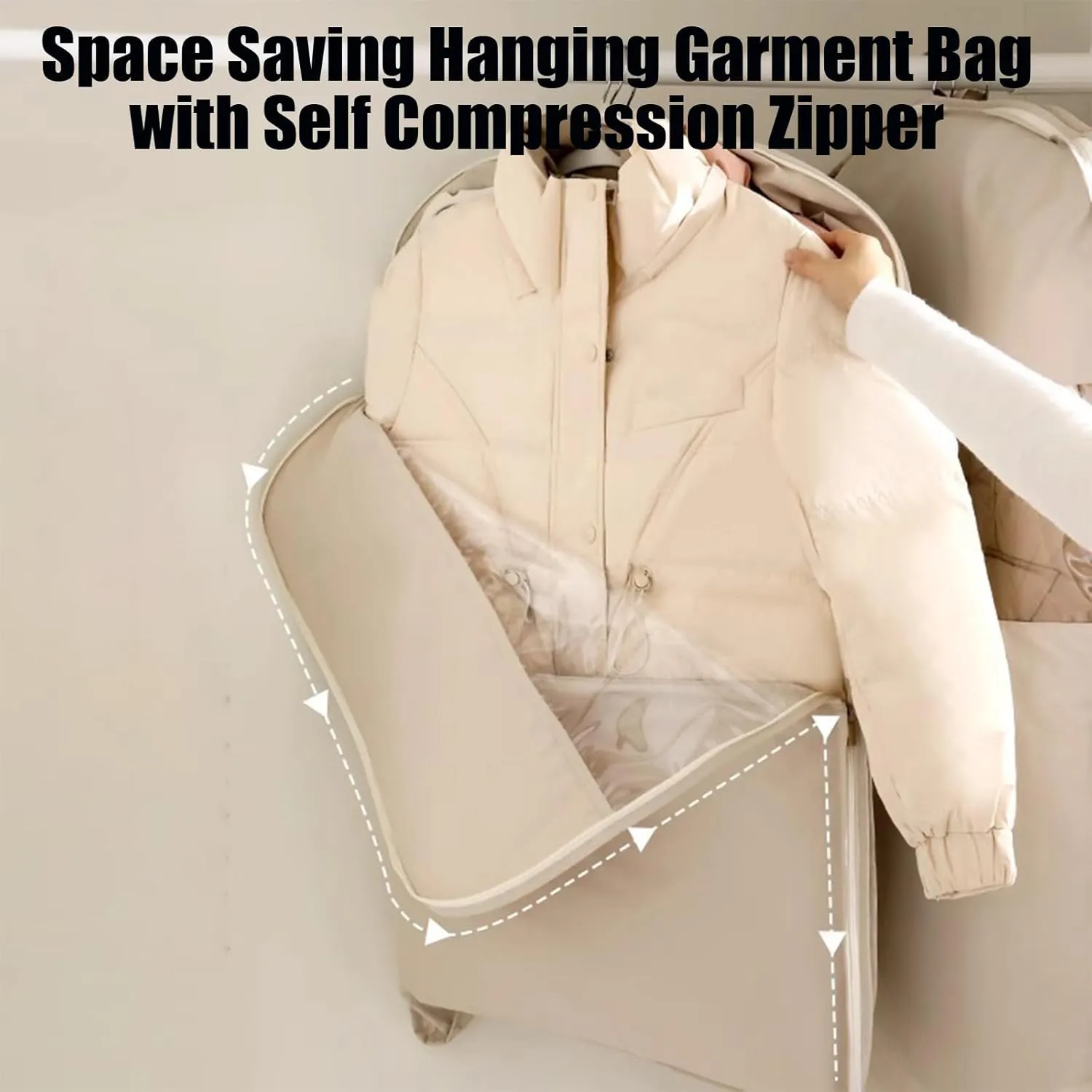 Space Saving Hanging Garment Bag with Self Compression Zipper, 2025 New Space Saver Closet Organizers for Closet Storage, Heavy Duty Garment Bag for Down Coat (Pink, M(35.43 * 22.83 * 5.91in))