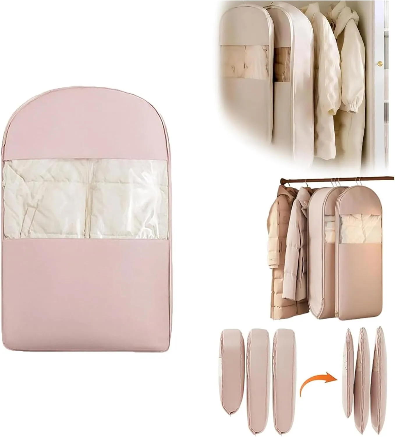 Space Saving Hanging Garment Bag with Self Compression Zipper, 2025 New Space Saver Closet Organizers for Closet Storage, Heavy Duty Garment Bag for Down Coat (Pink, M(35.43 * 22.83 * 5.91in))