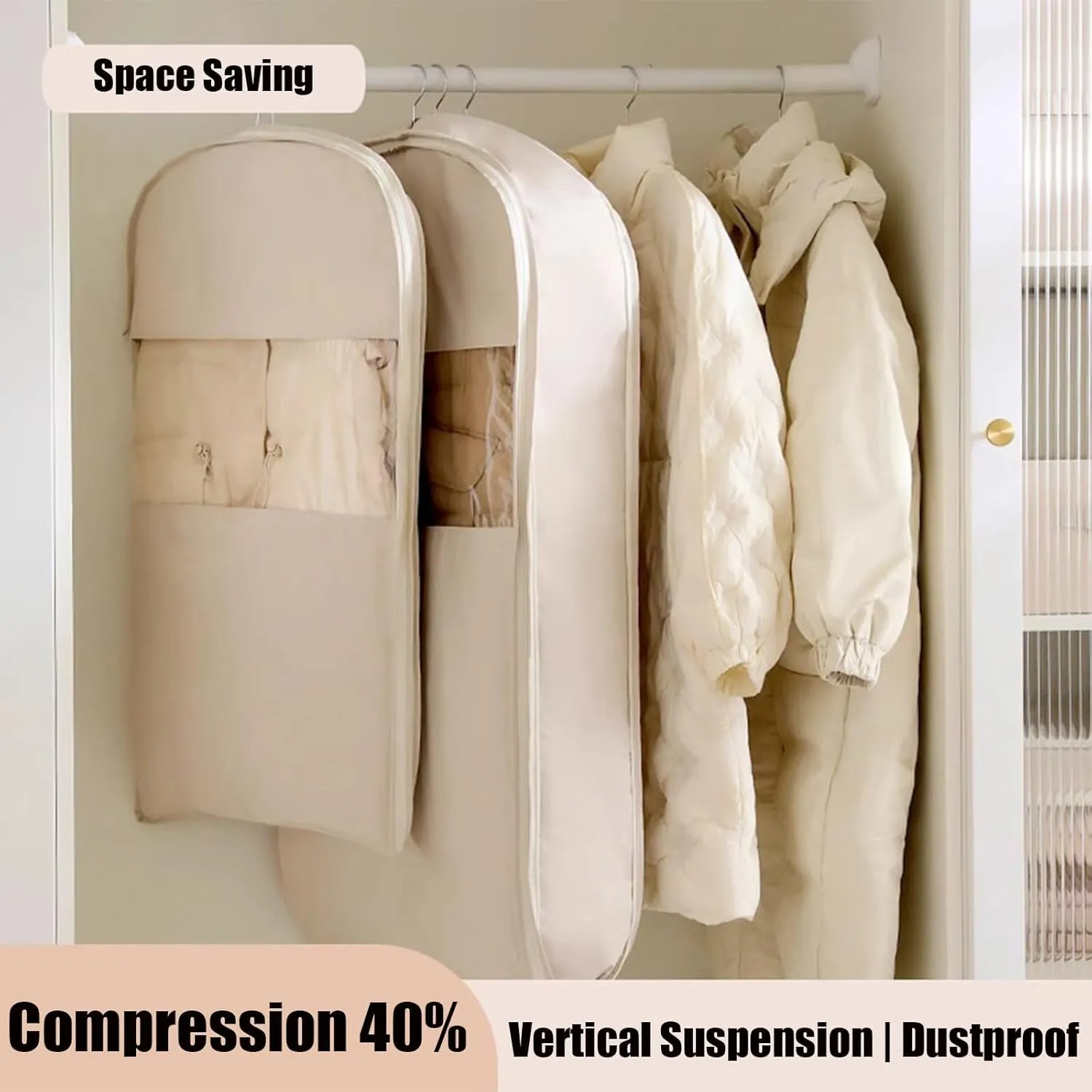Space Saving Hanging Garment Bag with Self Compression Zipper, 2025 New Space Saver Closet Organizers for Closet Storage, Heavy Duty Garment Bag for Down Coat (Pink, M(35.43 * 22.83 * 5.91in))