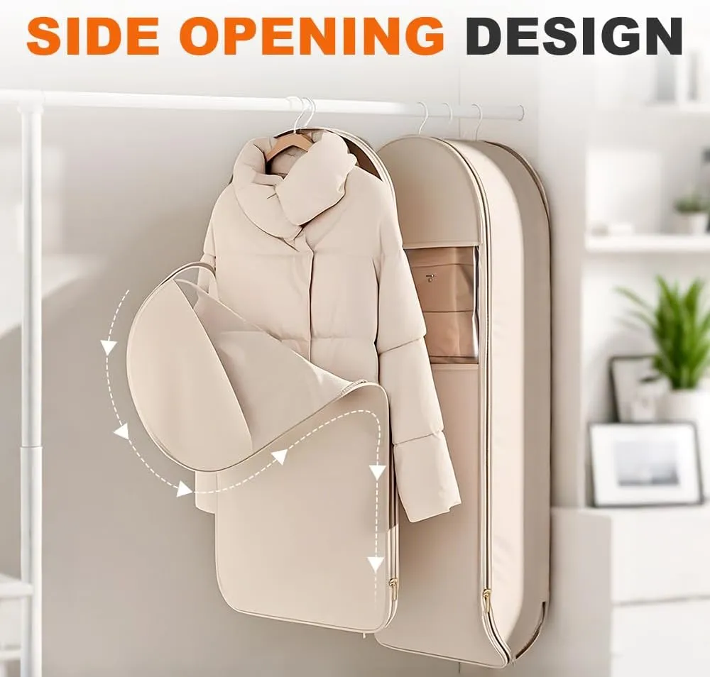 Space Saving Hanging Garment Bag with Self Compression Zipper, 2025 New Space Saver Dust Cover Closet Organizers, Heavy Duty Organizer Storage Bags for Moving or Storaging Clothes (Beige, Medium)