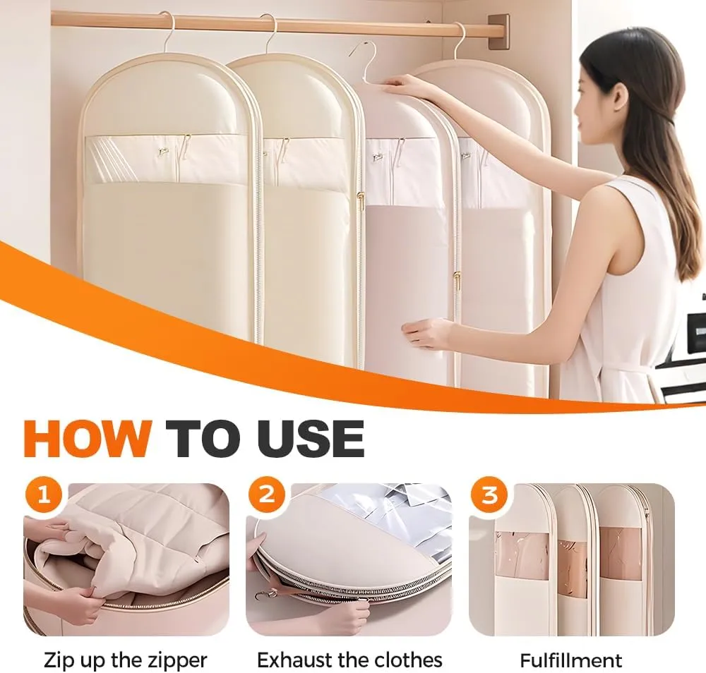 Space Saving Hanging Garment Bag with Self Compression Zipper, 2025 New Space Saver Dust Cover Closet Organizers, Heavy Duty Organizer Storage Bags for Moving or Storaging Clothes (Beige, Medium)