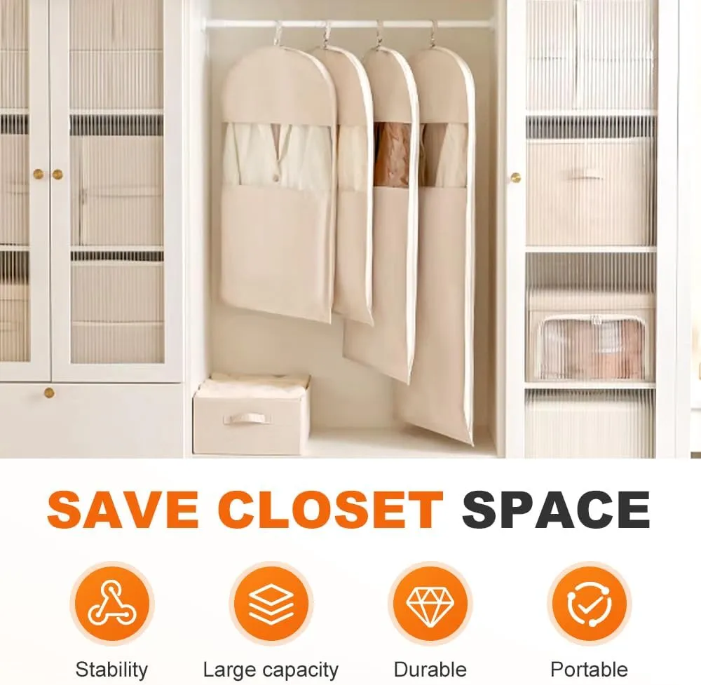 Space Saving Hanging Garment Bag with Self Compression Zipper, 2025 New Space Saver Dust Cover Closet Organizers, Heavy Duty Organizer Storage Bags for Moving or Storaging Clothes (Beige, Medium)