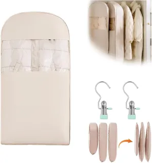 Space Saving Hanging Garment Bag with Self Compression Zipper, 2025 Space Saver Dust Cover Closet Organizers for Closet Storage, Heavy Duty Garment Bag for Down Coat (Beige, L(43.31*22.83*5.91in))