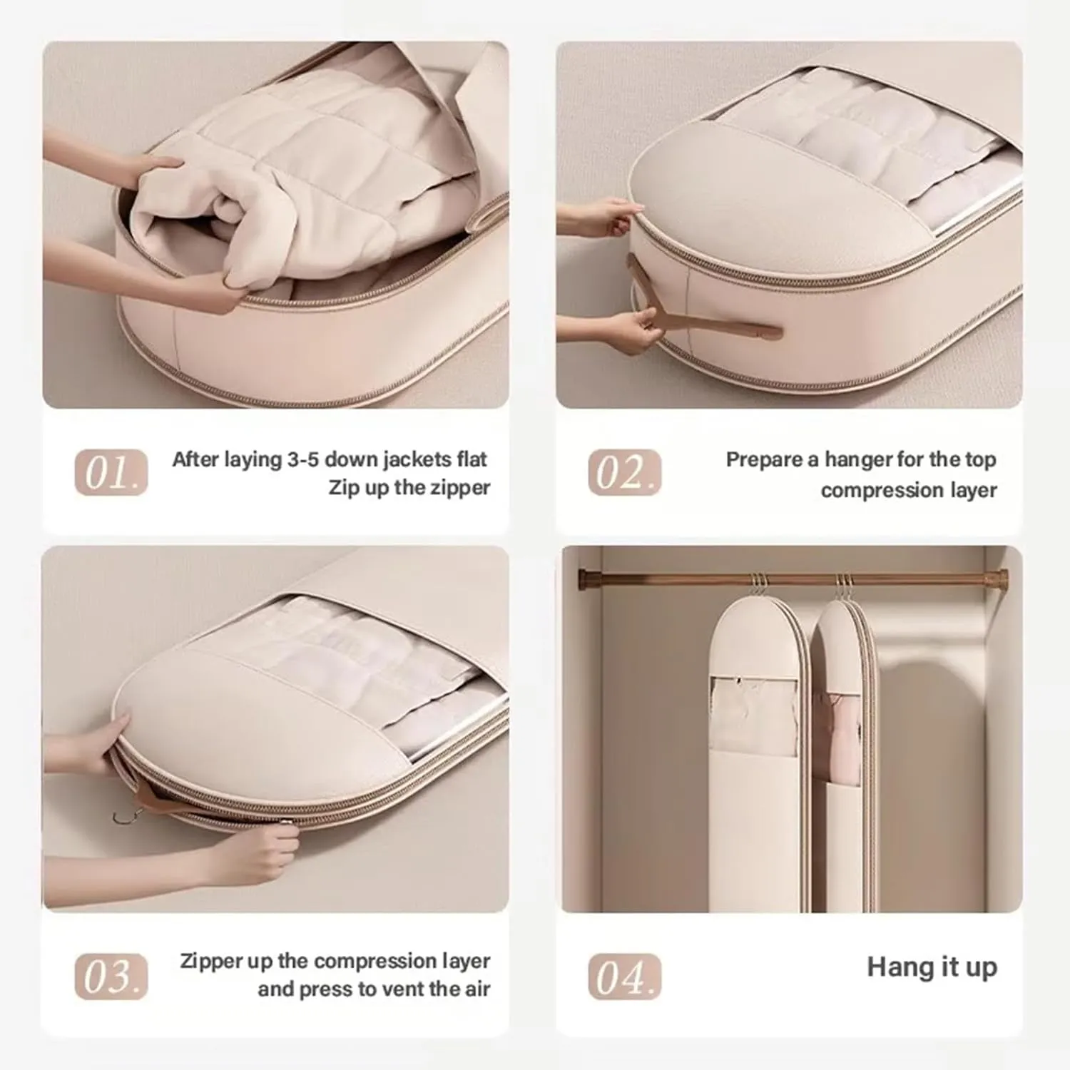 Space Saving Hanging Garment Bag with Self Compression Zipper, 2025 Space Saver Dust Cover Closet Organizers for Closet Storage, Heavy Duty Garment Bag for Down Coat (Beige, L(43.31*22.83*5.91in))