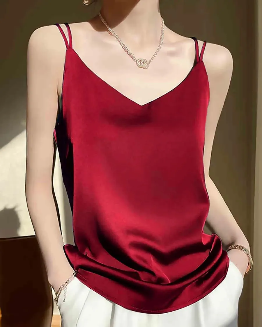 Spaghetti Strap Cross Back Silk Camisole for Women 19 Momme Silk Charmeuse Sleeveless V Neck Cami Top Lightweight and Elegant