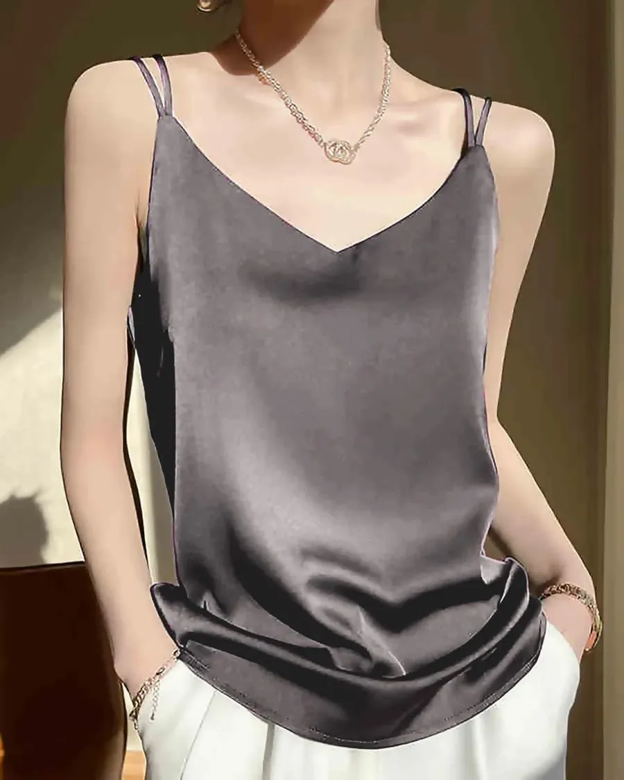 Spaghetti Strap Cross Back Silk Camisole for Women 19 Momme Silk Charmeuse Sleeveless V Neck Cami Top Lightweight and Elegant